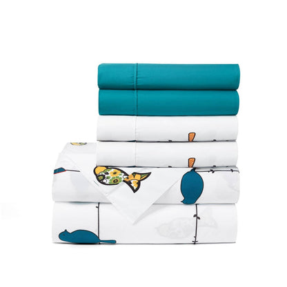 Full size Teal Yellow White Floral Birds on Wire Soft Polyester 6 Piece Sheet Set