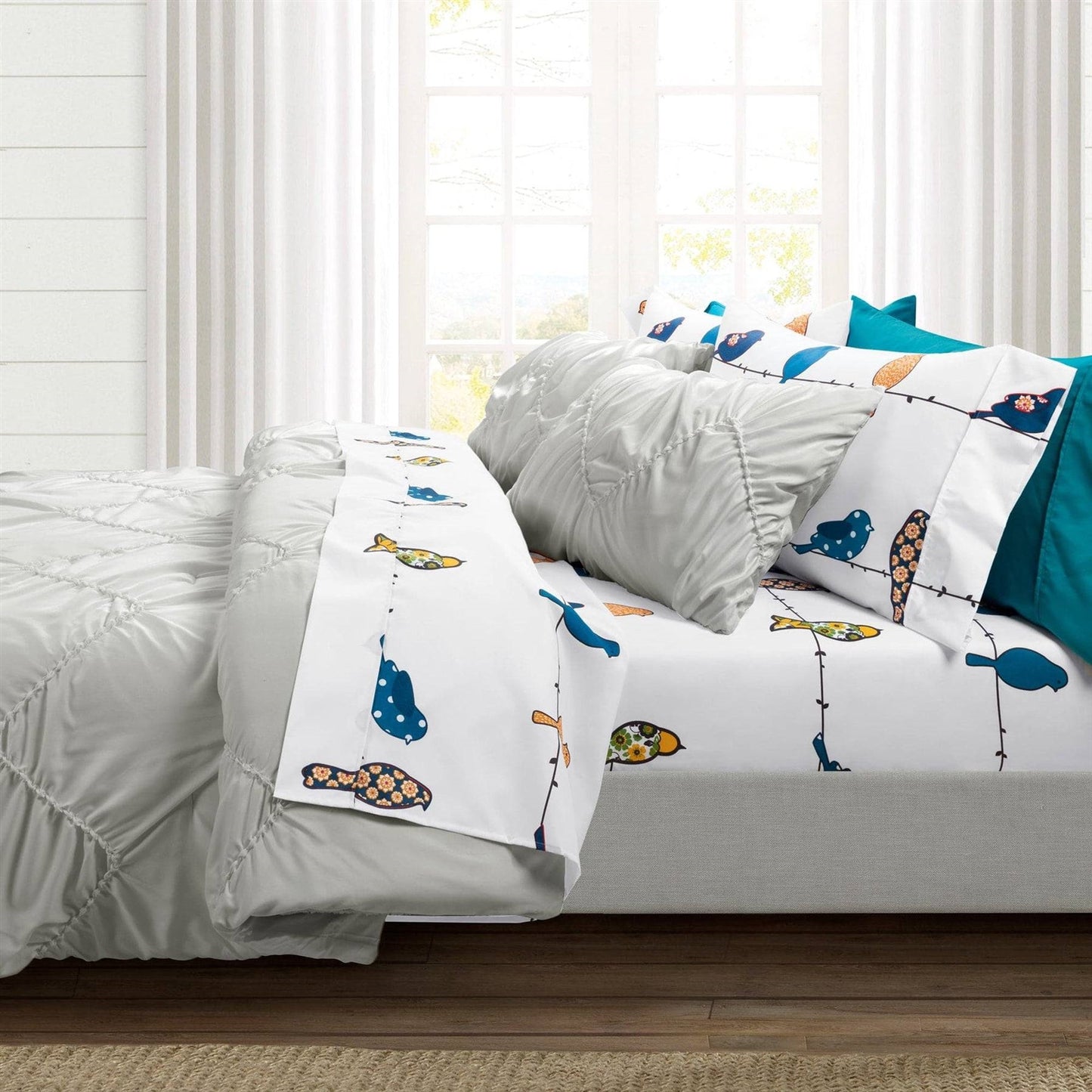Full size Teal Yellow White Floral Birds on Wire Soft Polyester 6 Piece Sheet Set