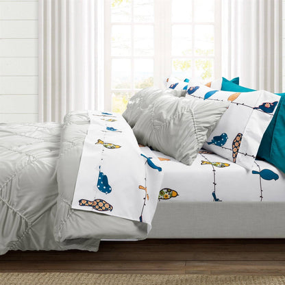 Full size Teal Yellow White Floral Birds on Wire Soft Polyester 6 Piece Sheet Set