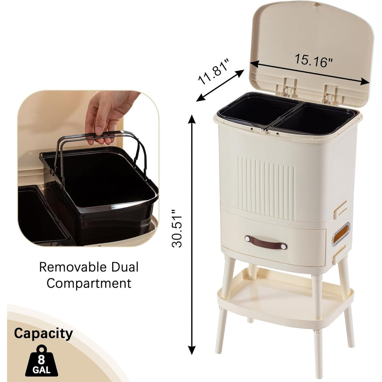 8gL Multifunctional Storage Bins Elevated Trash Can w/ Lid Cream