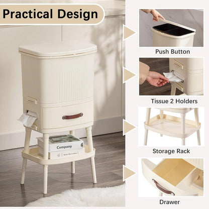 8gL Multifunctional Storage Bins Elevated Trash Can w/ Lid Cream