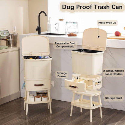 8gL Multifunctional Storage Bins Elevated Trash Can w/ Lid Cream