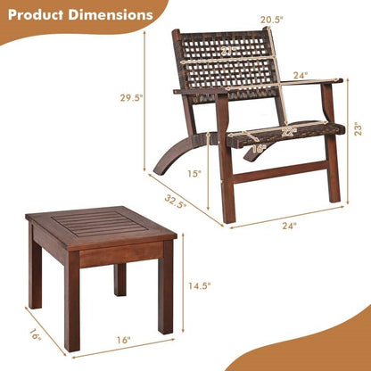 3 Piece Wooden Rattan Bistro Set