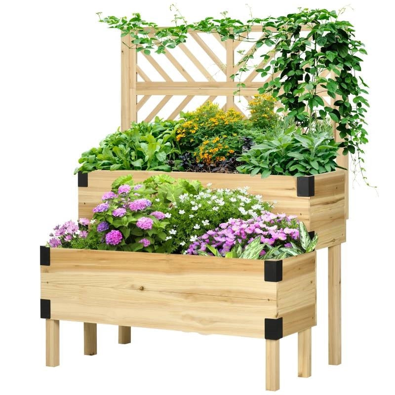 2 Tier Natural Lattice Trellis Self Draining Wooden Garden Raised Planter Box