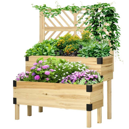 2 Tier Natural Lattice Trellis Self Draining Wooden Garden Raised Planter Box