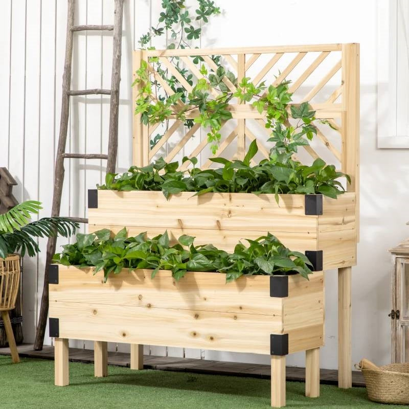 2 Tier Natural Lattice Trellis Self Draining Wooden Garden Raised Planter Box