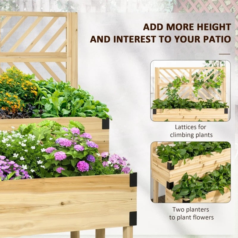 2 Tier Natural Lattice Trellis Self Draining Wooden Garden Raised Planter Box