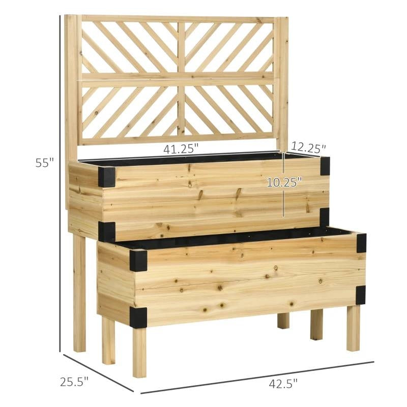 2 Tier Natural Lattice Trellis Self Draining Wooden Garden Raised Planter Box