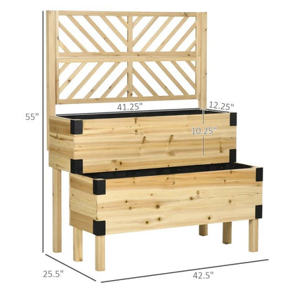 2 Tier Natural Lattice Trellis Self Draining Wooden Garden Raised Planter Box