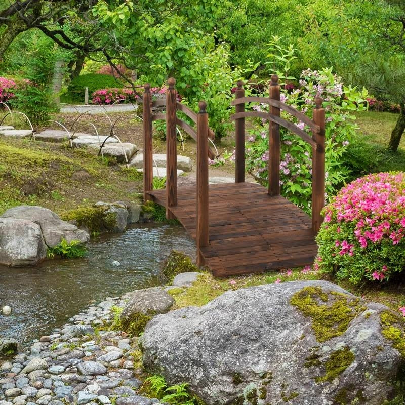 7.5 Ft Wooden Garden Arc Bridge with Hand Rails Natural