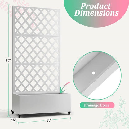 White Metal Outdoor Raised Garden Bed Planter Box with Trellis on Wheels
