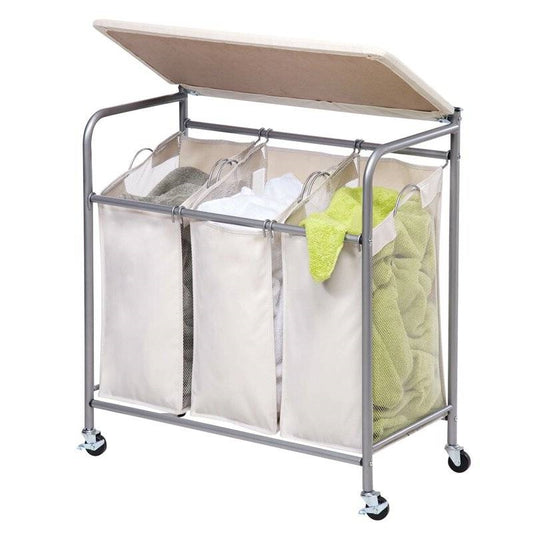 3 Section Wheeled Laundry Sorter w/ Lift Top Folding Ironing Board