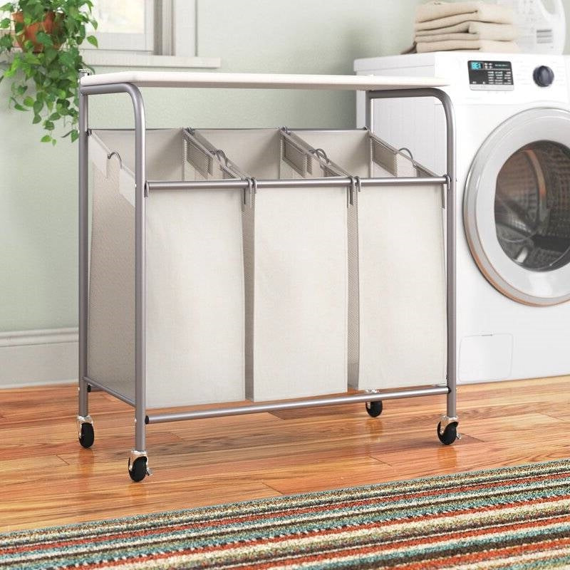 3 Section Wheeled Laundry Sorter w/ Lift Top Folding Ironing Board
