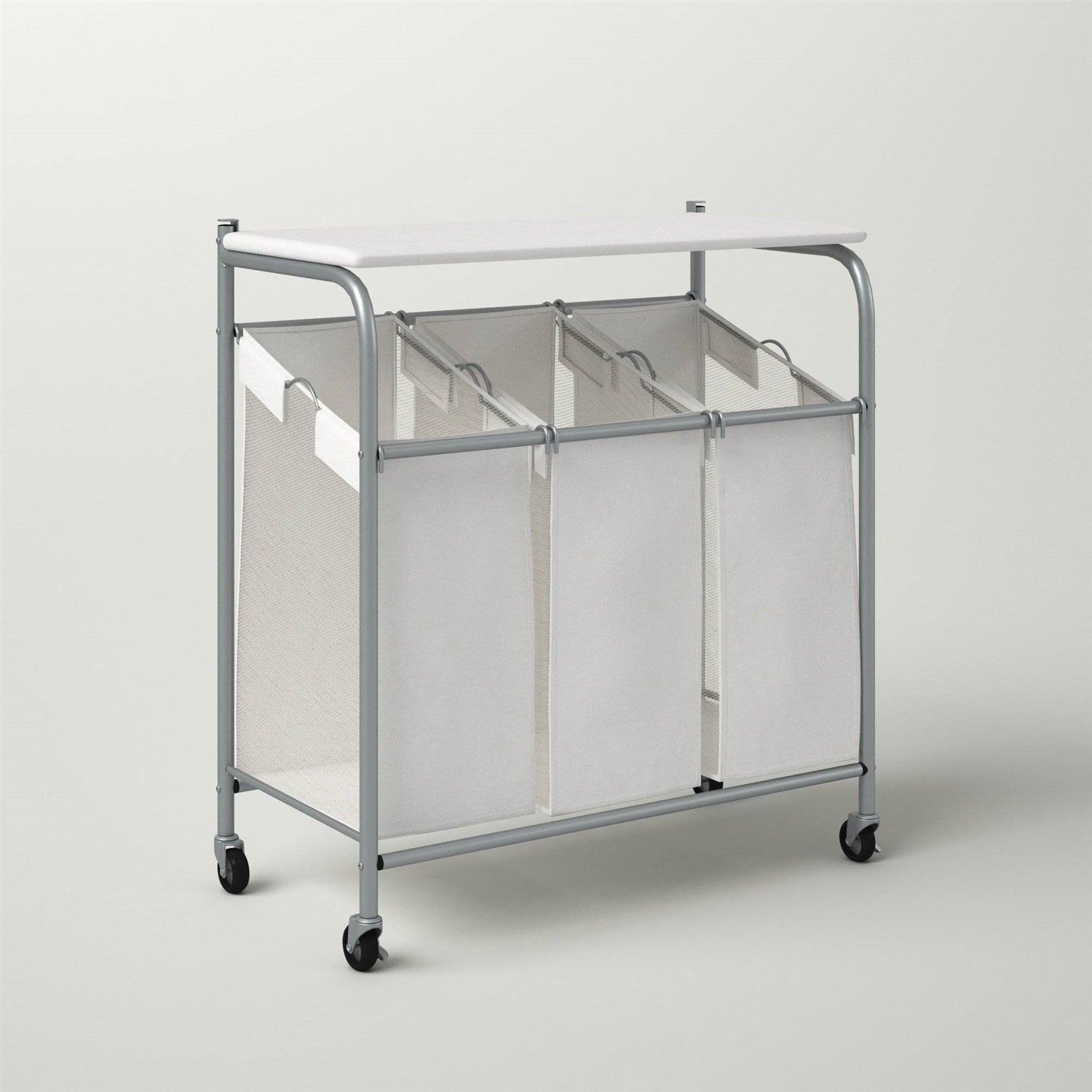 3 Section Wheeled Laundry Sorter w/ Lift Top Folding Ironing Board