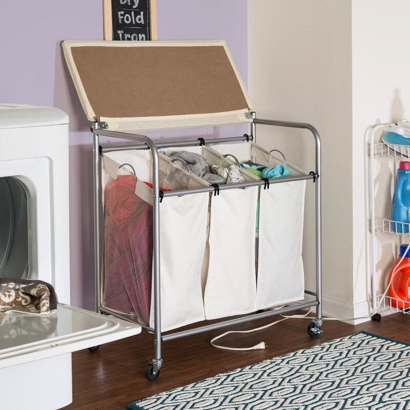 3 Section Wheeled Laundry Sorter w/ Lift Top Folding Ironing Board
