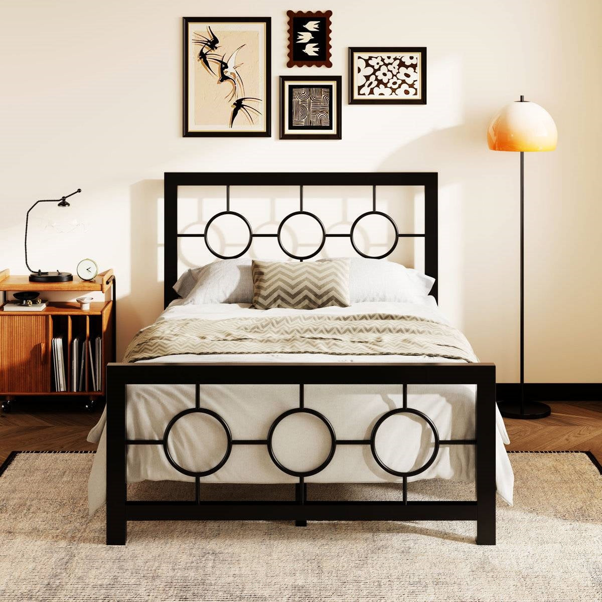 Twin Size Modern Circle Medallion Black Metal Platform Bed Frame
