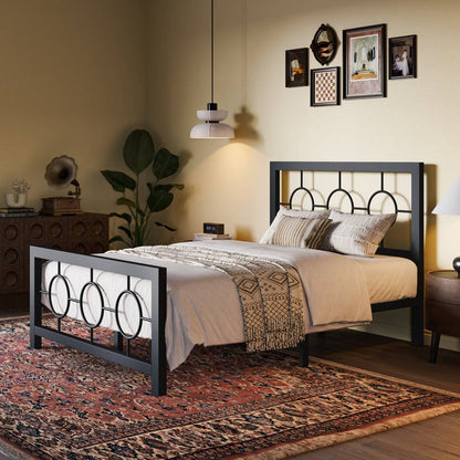 Twin Size Modern Circle Medallion Black Metal Platform Bed Frame