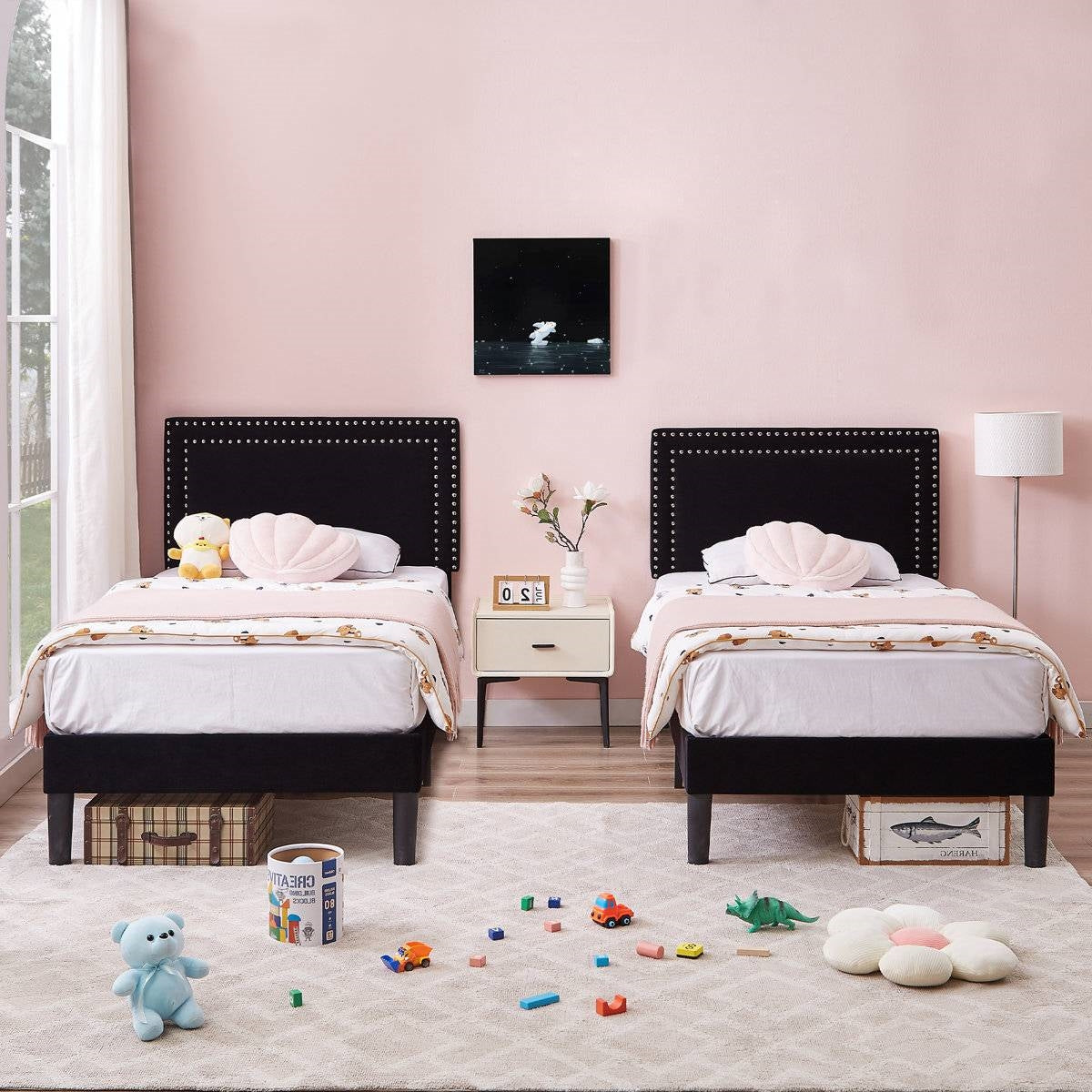 Twin Size - Set of 2 - Dorm Style Black Tufted Upholstered Platform Beds