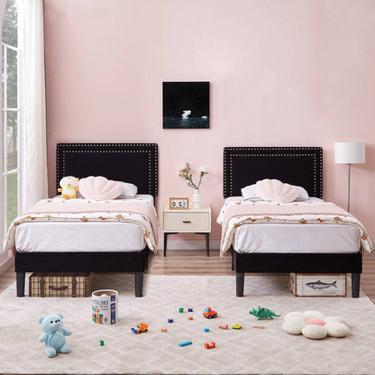Twin Size - Set of 2 - Dorm Style Black Tufted Upholstered Platform Beds