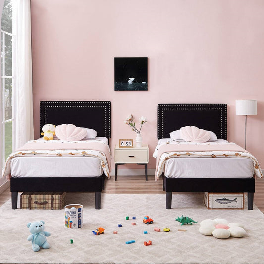 Twin Size - Set of 2 - Dorm Style Black Tufted Upholstered Platform Beds