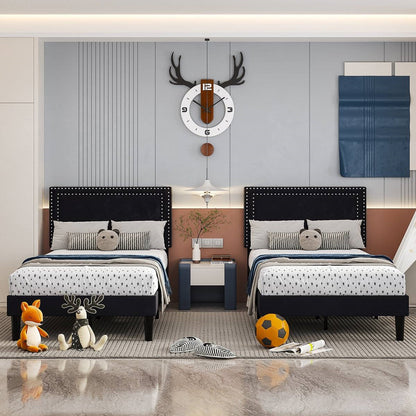 Twin Size - Set of 2 - Dorm Style Black Tufted Upholstered Platform Beds