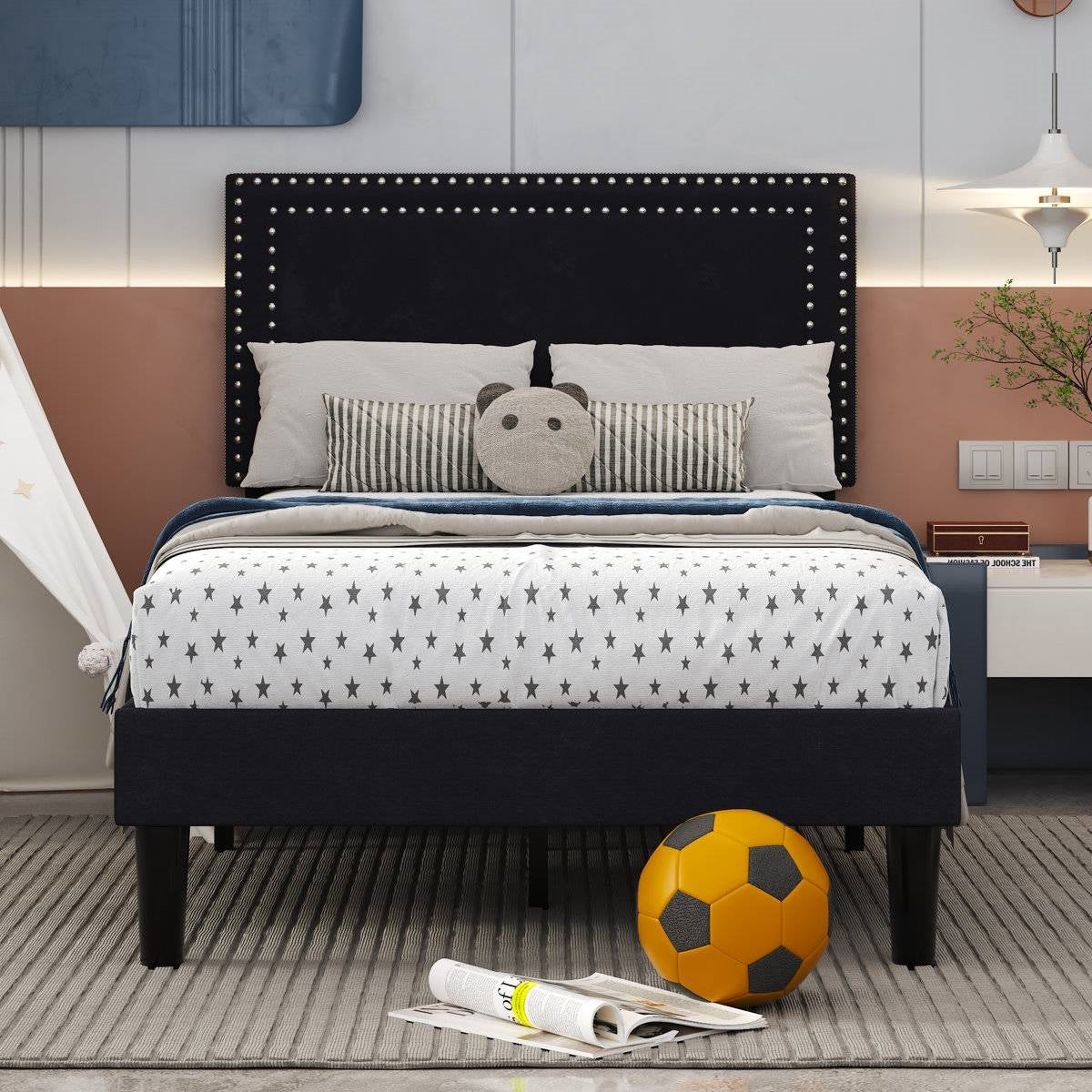 Twin Size - Set of 2 - Dorm Style Black Tufted Upholstered Platform Beds