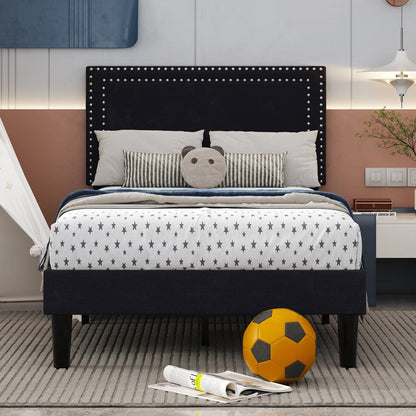 Twin Size - Set of 2 - Dorm Style Black Tufted Upholstered Platform Beds