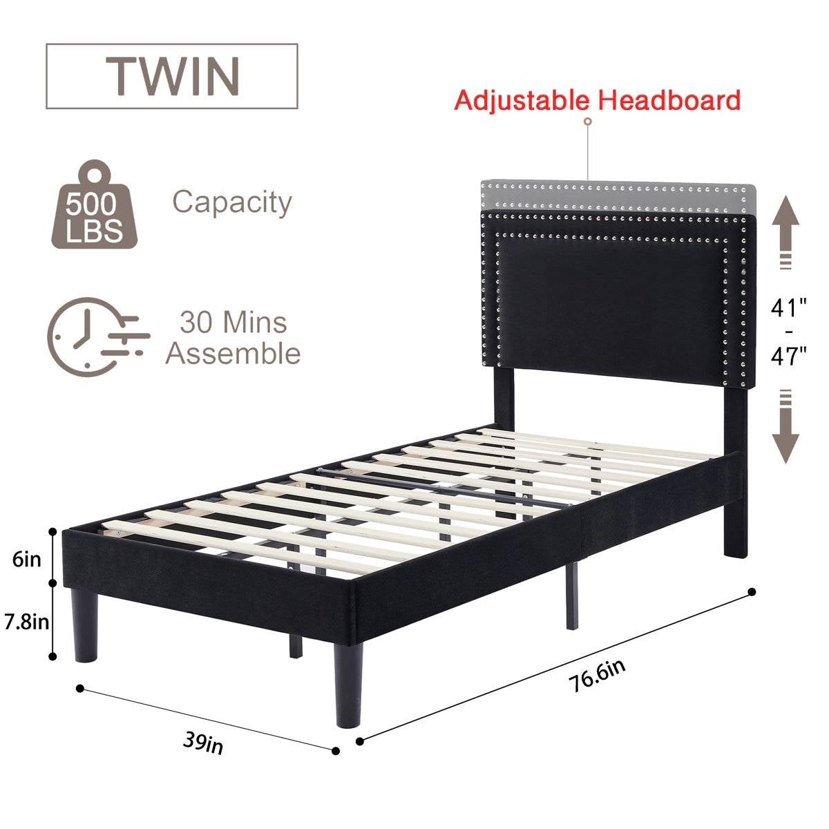 Twin Size - Set of 2 - Dorm Style Black Tufted Upholstered Platform Beds