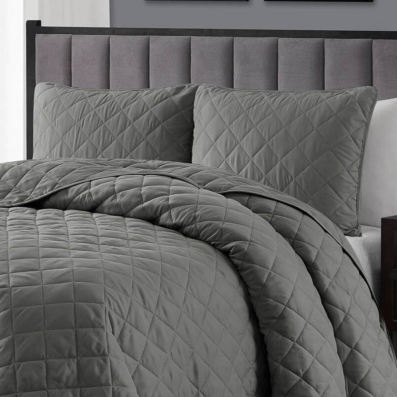 Twin/Twin XL, Grey FarmHome Microfiber Diamond Quilt Set