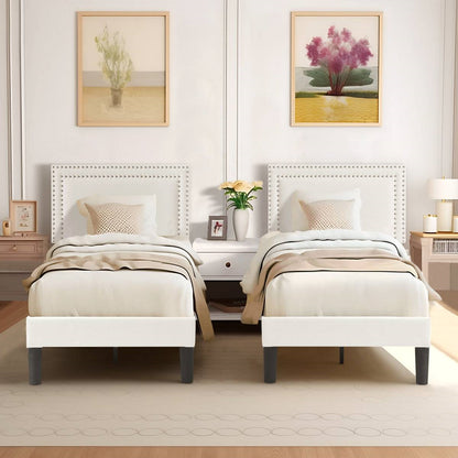 Twin Size - Set of 2 - Dorm Style White Tufted Upholstered Platform Beds