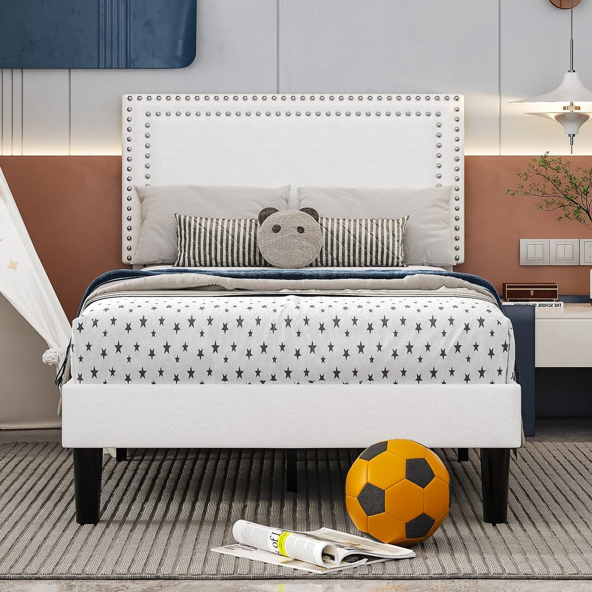 Twin Size - Set of 2 - Dorm Style White Tufted Upholstered Platform Beds