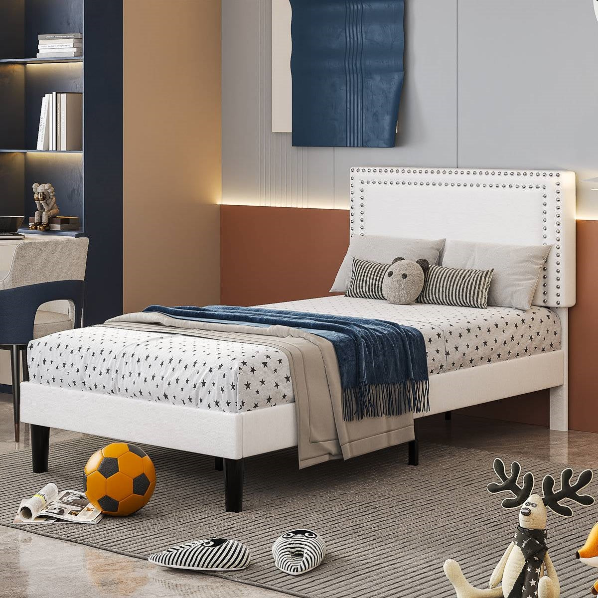 Twin Size - Set of 2 - Dorm Style White Tufted Upholstered Platform Beds