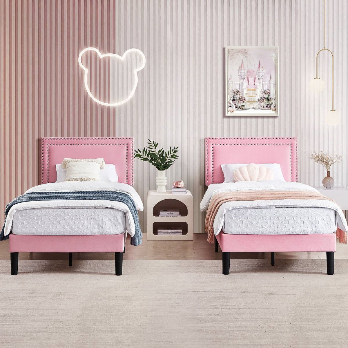 Twin Size - Set of 2 - Dorm Style Pink Tufted Upholstered Platform Beds