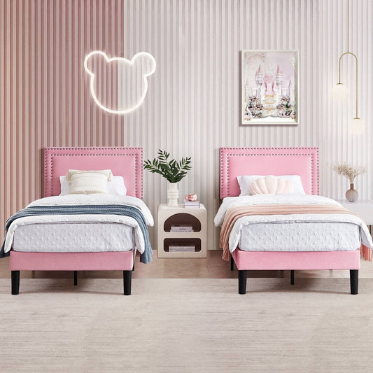 Twin Size - Set of 2 - Dorm Style Pink Tufted Upholstered Platform Beds