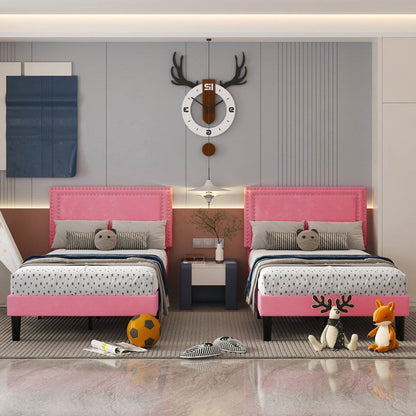 Twin Size - Set of 2 - Dorm Style Pink Tufted Upholstered Platform Beds