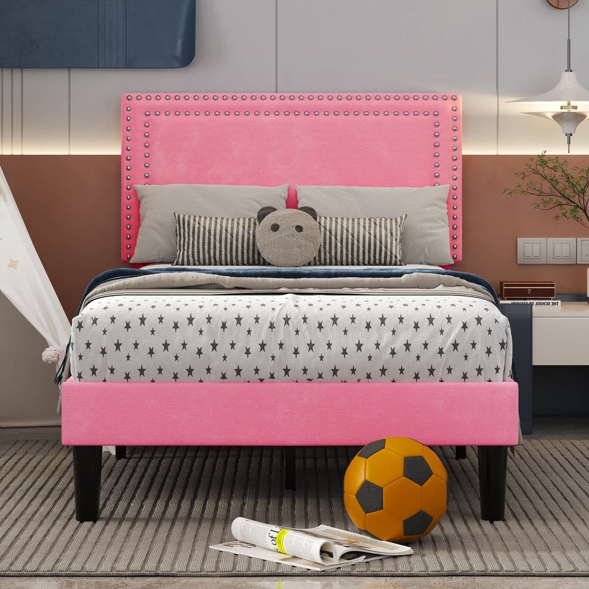 Twin Size - Set of 2 - Dorm Style Pink Tufted Upholstered Platform Beds