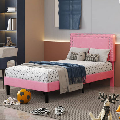 Twin Size - Set of 2 - Dorm Style Pink Tufted Upholstered Platform Beds