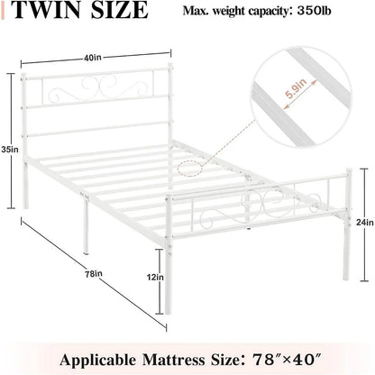 Twin size White Metal Platform Bed Frame with Headboard and Footboard