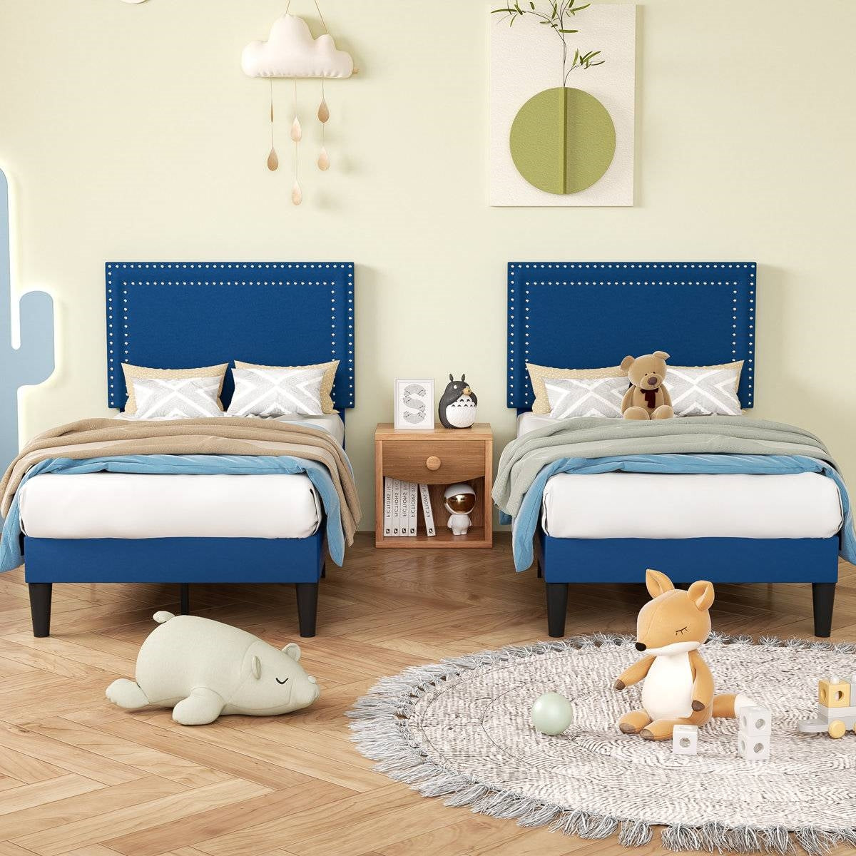 Twin Size - Set of 2 - Dorm Style Blue Tufted Upholstered Platform Beds