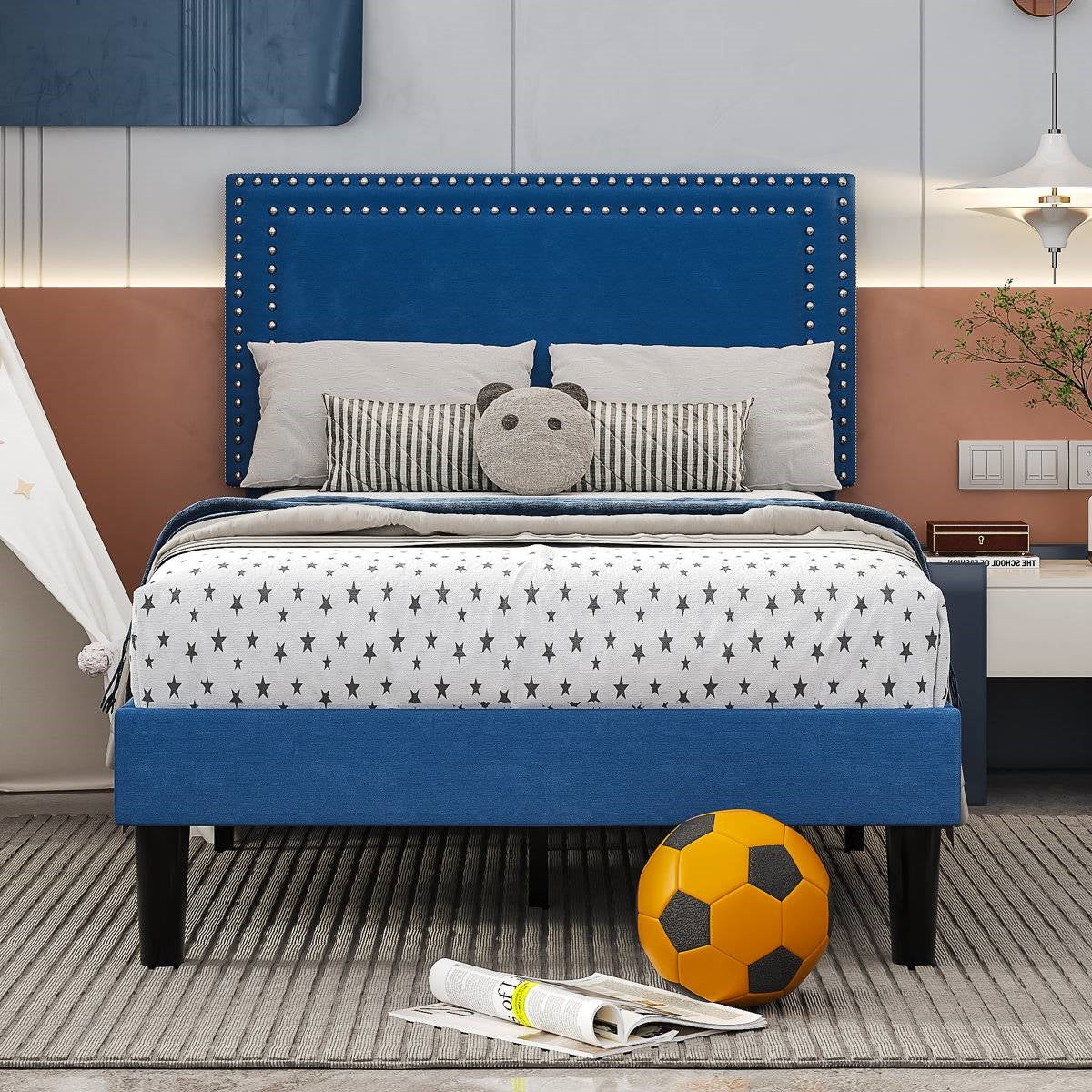 Twin Size - Set of 2 - Dorm Style Blue Tufted Upholstered Platform Beds