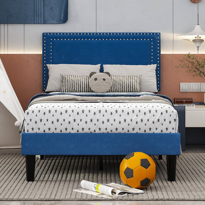 Twin Size - Set of 2 - Dorm Style Blue Tufted Upholstered Platform Beds