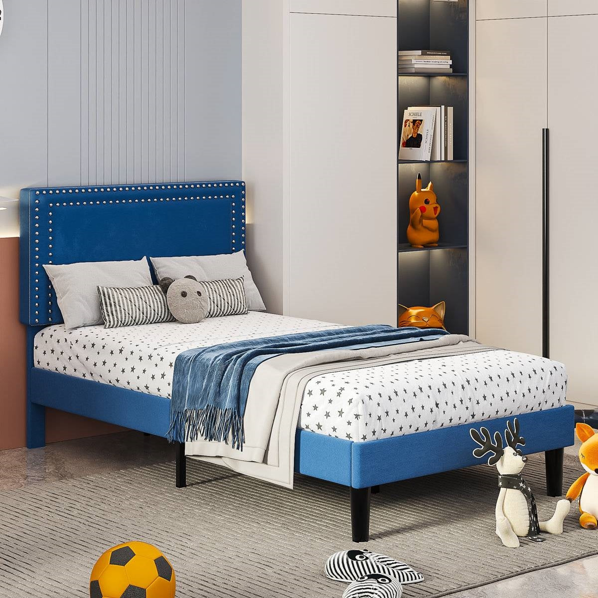 Twin Size - Set of 2 - Dorm Style Blue Tufted Upholstered Platform Beds