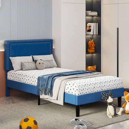 Twin Size - Set of 2 - Dorm Style Blue Tufted Upholstered Platform Beds