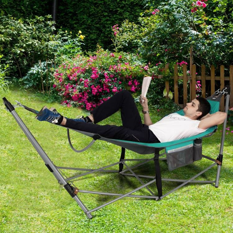Green Portable Camping Foldable Hammock with Stand Carry Case