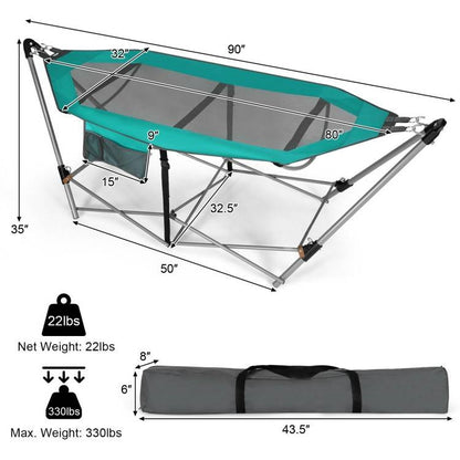 Green Portable Camping Foldable Hammock with Stand Carry Case