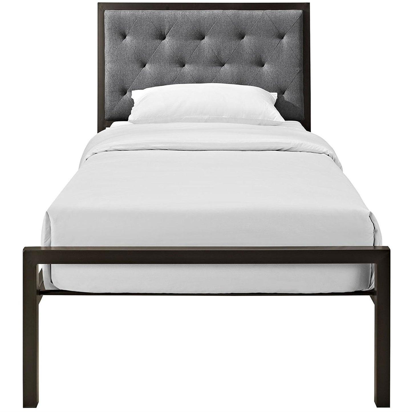 Twin size Metal Platform Bed with Gray Fabric Button Tufted Upholstered Headboard