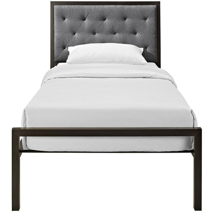 Twin size Metal Platform Bed with Gray Fabric Button Tufted Upholstered Headboard