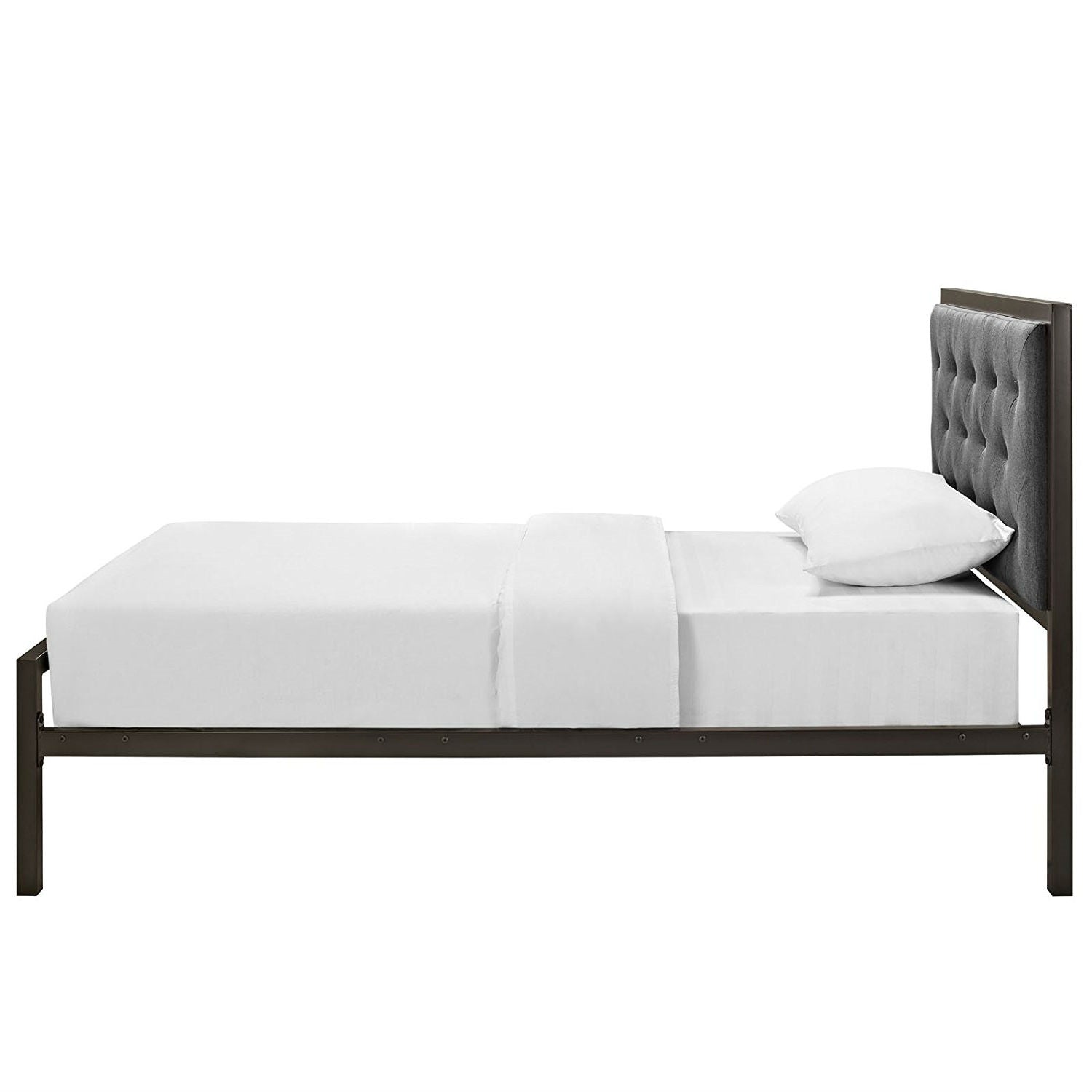Twin size Metal Platform Bed with Gray Fabric Button Tufted Upholstered Headboard
