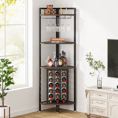 Rustic 4-Tier Corner Wine Rack with Glass Holder Storage