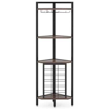 Rustic 4-Tier Corner Wine Rack with Glass Holder Storage